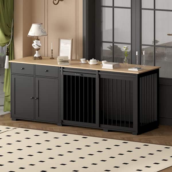 Wooden Large Dog Crate Storage Cabinet, Heavy Duty Dog Kennel with 2 Drawers and Sliding Door for Large Medium Dog,Black