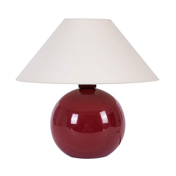 Fiona 10.83 in. LED Glossy Red Ceramic Midcentury Round Globe Bedside Nightstand Desk Lamp w/ Cream Cotton Empire Shade