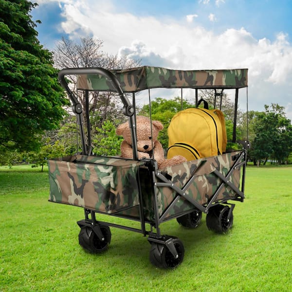 3cu.ft Steel Garden Cart Collapsible Folding Wagon with Removable Canopy Heavy Duty Foldable Wagon Utility Cart
