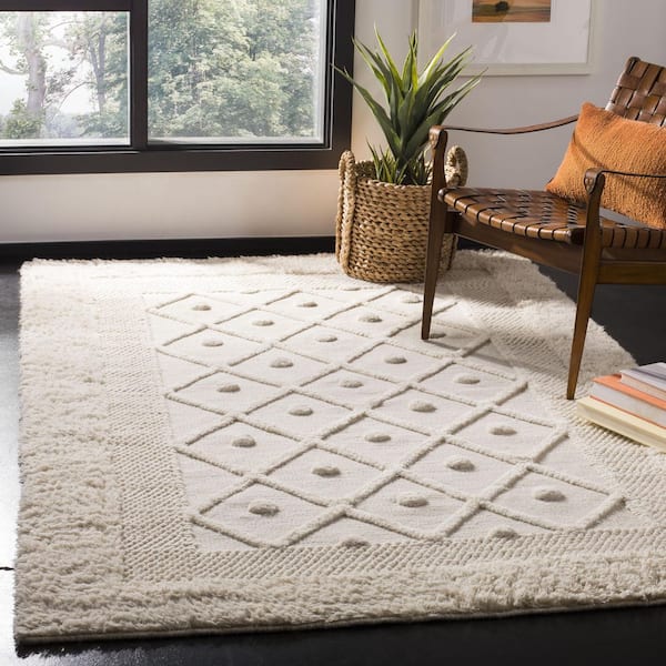 Kenya Ivory 6 ft. x 6 ft. High-Low Border Trellis Solid Color Square Area Rug