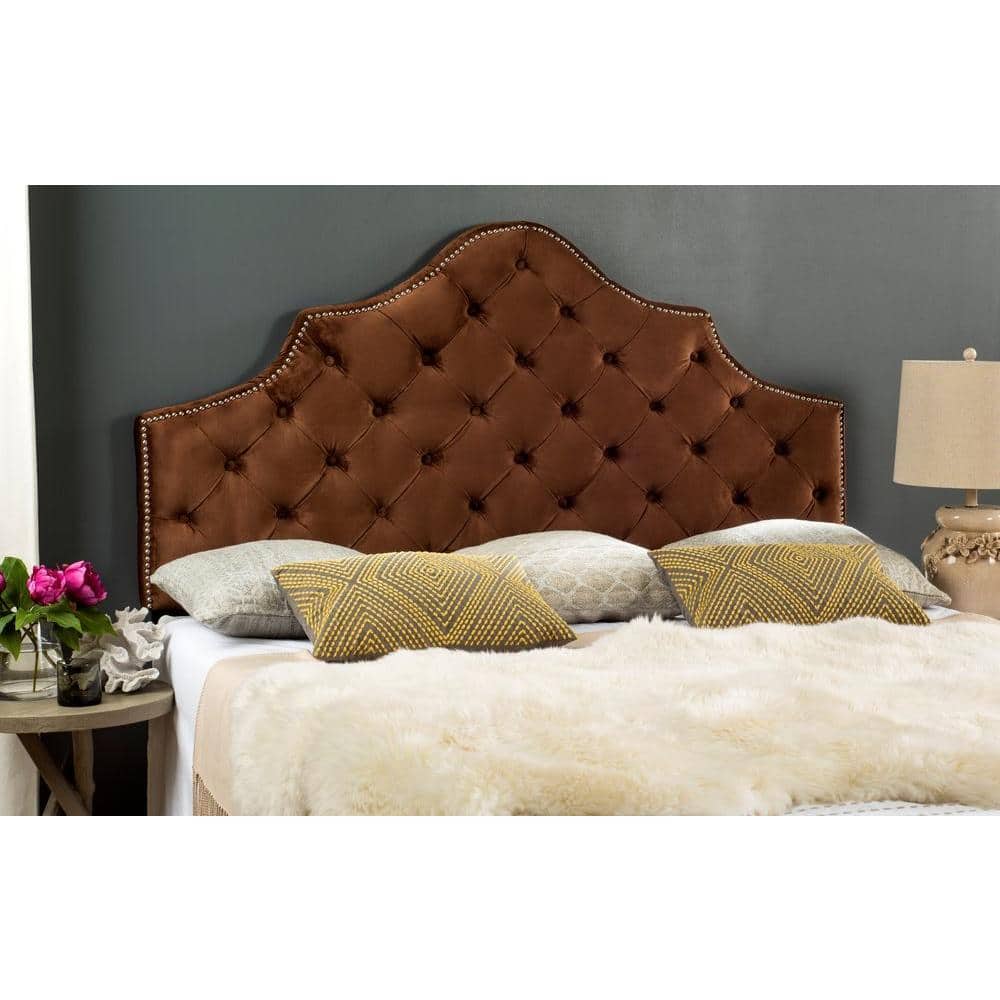 King Chocolate Velvet Tufted Headboard with Nailhead Trim