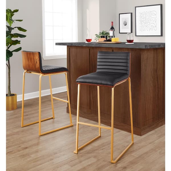 Lumisource Mason Mara 30.75 in. Black Faux Leather, Walnut Wood and Gold Metal Bar Stool (Set of 2)
