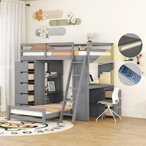 Gray Twin Over Twin Wood Bunk Bed with 3-Layer Shelves, 8-Drawer, Built-in Desk, LED Light and USB Ports