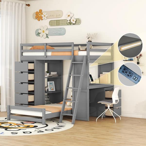 Harper & Bright Designs Gray Twin Over Twin Wood Bunk Bed with 3-Layer Shelves, 8-Drawer, Built-in Desk, LED Light and USB Ports