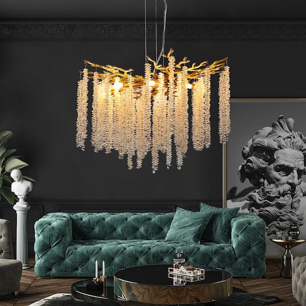 24 in. W 8-light Gold Chandelier with Cascading Crystal Strands for Living Room, Dining Room