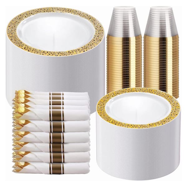 Gold Plastic Dinnerware Set with Plates, Napkins, Silverware, and Cups (350-Pieces)