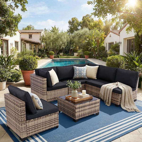 Nature Haven Brown Wicker 7 Pieces Patio Conversation Set with Cushion-guard Black Color Cushions