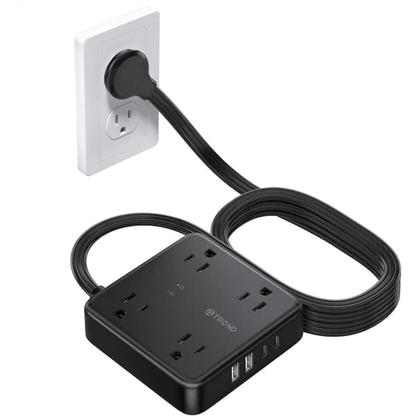 Lukyamzn 4-Outlet Power Strip Surge Protector with 10 ft. Flat Long Extension Cord and USB Port in Black