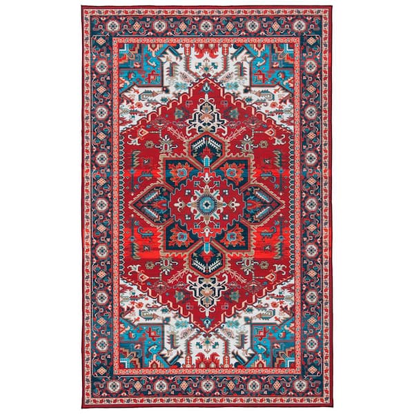 Tuscon Red/Blue 4 ft. x 6 ft. Machine Washable Floral Area Rug