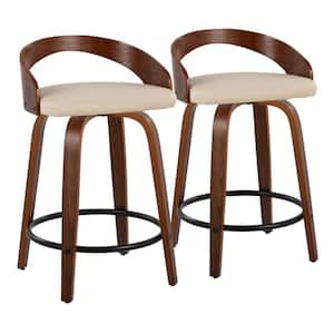 Grotto 24 in. Cream Faux Leather, Walnut Wood and Black Metal Fixed-Height Counter Stool (Set of 2)