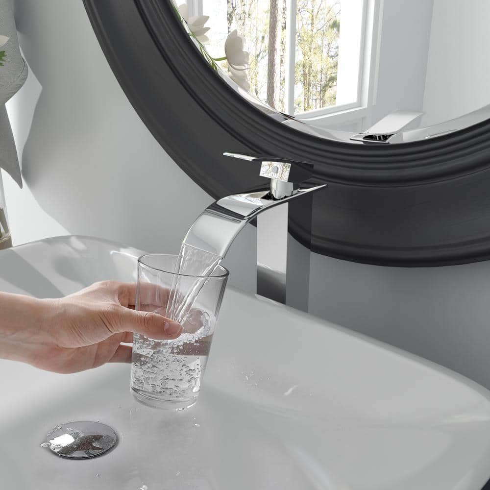 Polished Chrome Waterfall Vessel Sink Faucet with Lever Handle