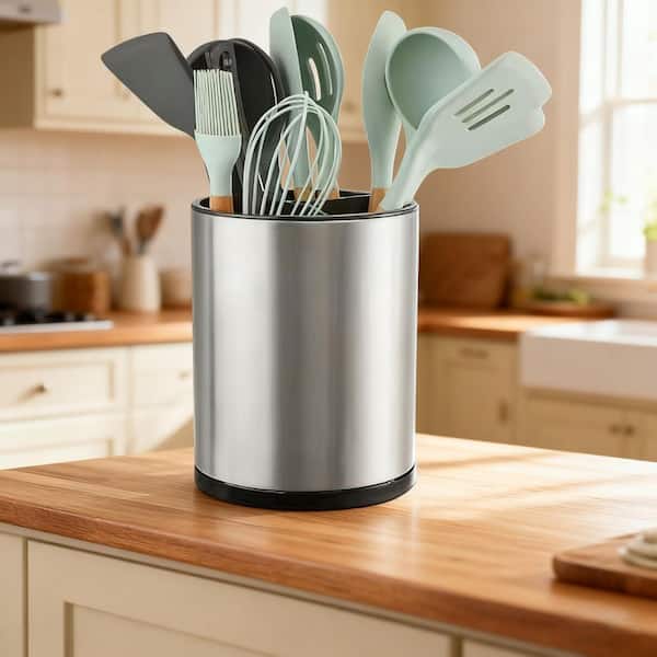 Silver Extra Large 360° Rotating Stainless Steel Kitchen Utensil Holder, 3 Compartment