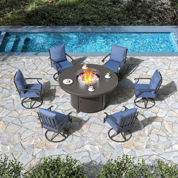 7-Piece Metal Patio Conversation Set with Round Fire Pit Table, 6 Swivel Chairs and Cushion Navyblue