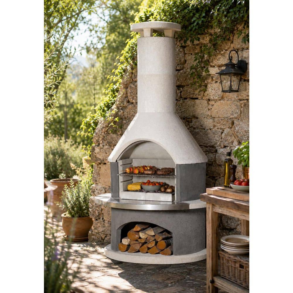Wellington Outdoor Fireplace with Cooking Grill, Concrete