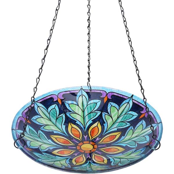 MUMTOP 12 in. Hanging Glass Bird Bath Bird Feeders Blue for Garden Birdbath and Patio Decor