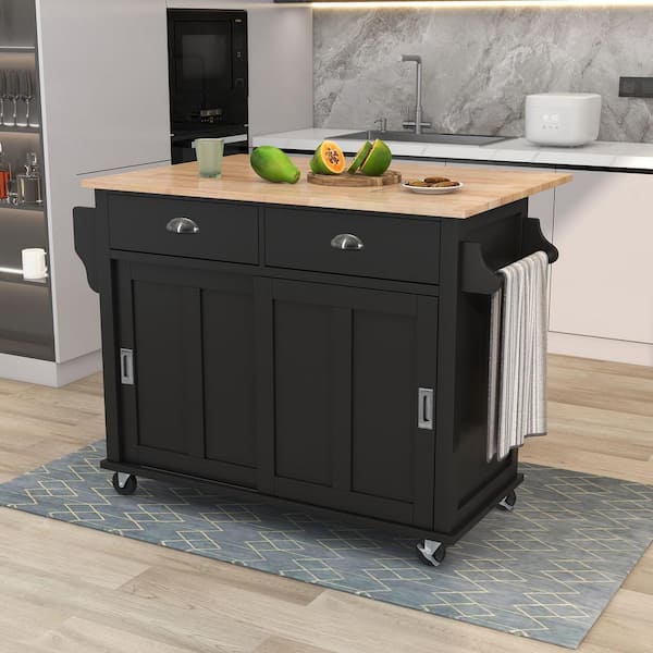OLUMAT Black Rubber Wood 52 in. Kitchen Island with Storage Cabinet