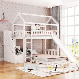 White Twin Over Twin Wood House Bunk Bed with 2-Drawers, Stairs and Slide