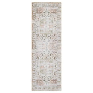 Taupe 2 ft. x 6 ft. Vintage Floral Print Distressed Indoor Runner Rug