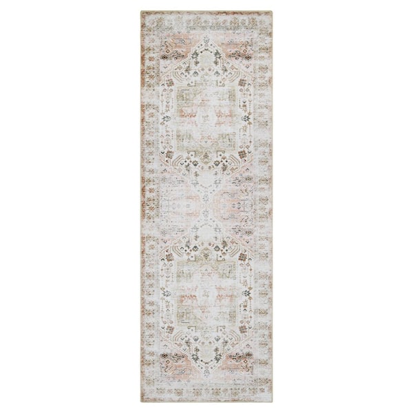 Taupe 2 ft. x 6 ft. Vintage Floral Print Distressed Indoor Runner Rug