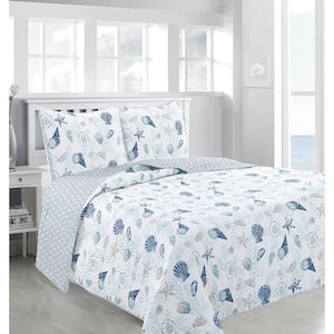 Seashell Coastal Quilt Set Bedspread (2- or 3-Piece) Full/Queen Blue Coral