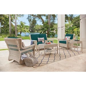 Park Meadows Off-White Wicker Outdoor Patio Swivel Rocking Lounge Chair with CushionGuard Malachite Green Cushions