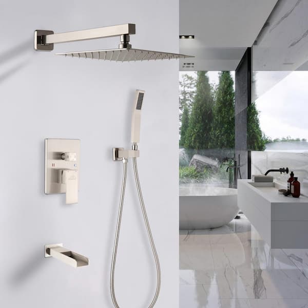 3-Function 10 in.Wall-Mounted Shower System with Handheld Shower and Bathtub Faucet in Brushed Nickel