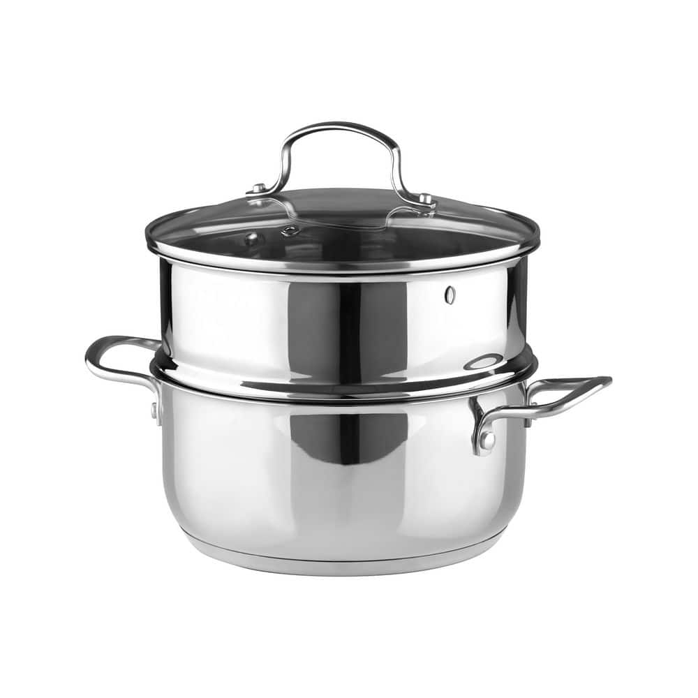 BERGNER Small 2.6 qt. Stainless Steel Soup Pot with Tempered Glass Lid and Steamer Insert