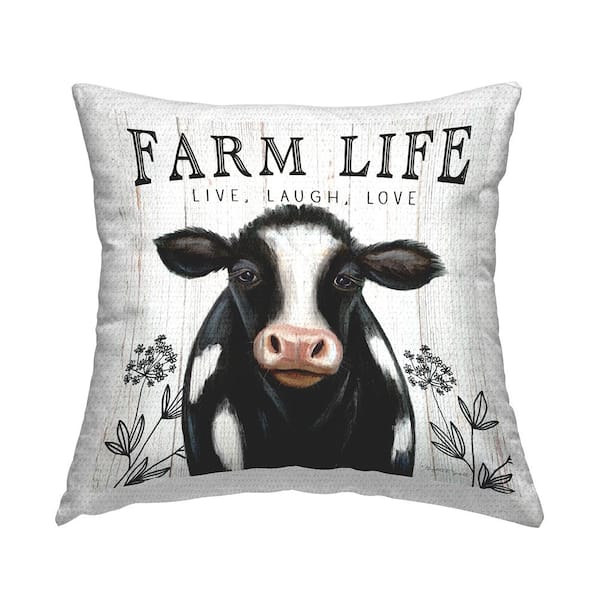 Stupell Industries Farm Life Dairy Cow Sign Wildflower Florals Off-White Square Outdoor Throw Pillow