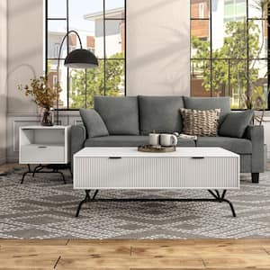 Yasar 2-Piece 42 in. White Pure Rectangle Composite Coffee Table Set with 3D Wave Panel Drawer