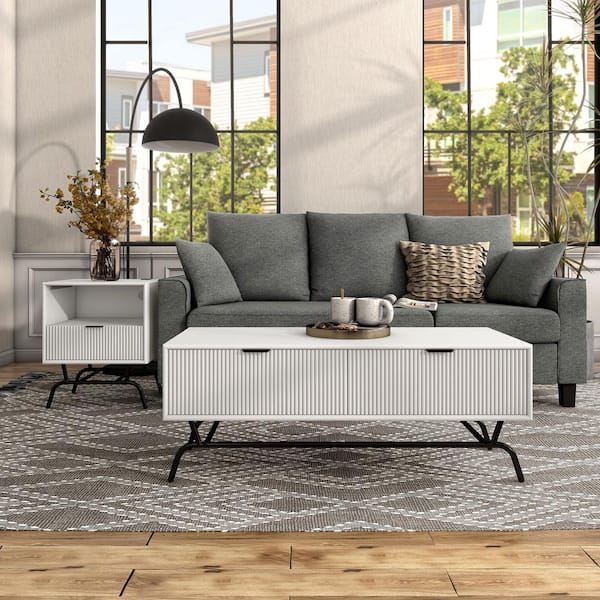 Furniture of America Yasar 2-Piece 42 in. White Pure Rectangle Composite Coffee Table Set with 3D Wave Panel Drawer
