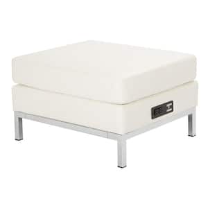 White Faux Leather Ottoman Modular Component with Chrome Base and AC/USB 3.0 Charging Station