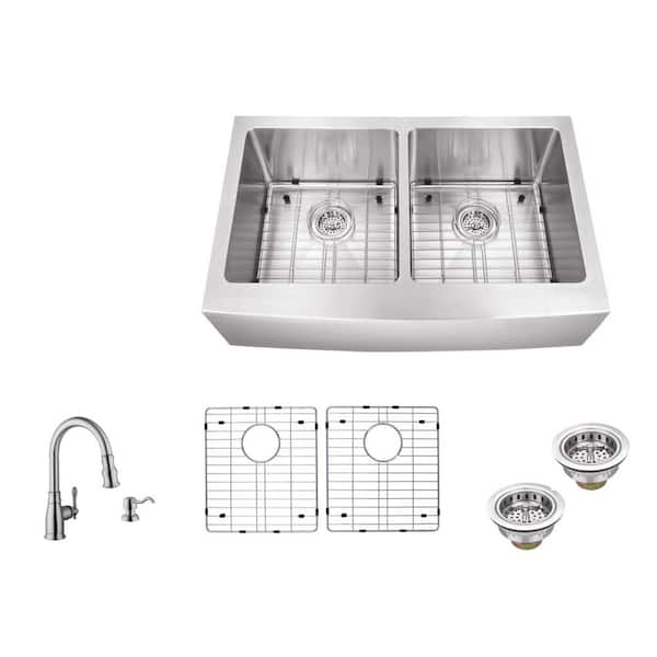 Schon All-in-One Farmhouse Apron Front 16-Gauge Stainless Steel 33 in. 50/50 Double Bowl Kitchen Sink with Pull Out Faucet