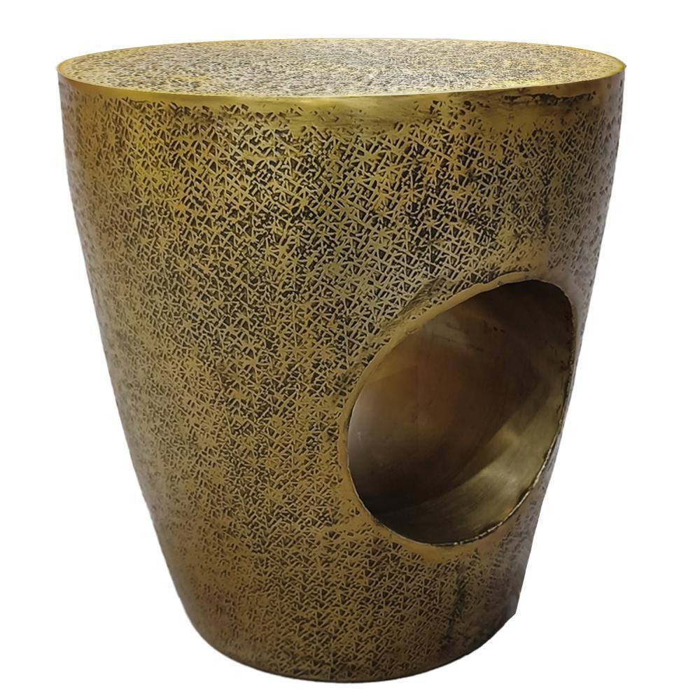 Antique Brass Round Metal Drum Side Table with Hollow Center