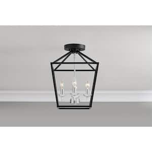 Weyburn 16.5 in. 4-Light Black and Chrome Farmhouse Semi-Flush Mount Ceiling Light Fixture with Caged Metal Shade