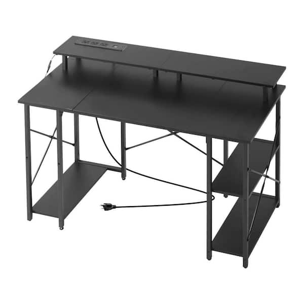 47 in. Gaming Desk with LED Lights and Power Outlets, Computer Desk with Monitor Stand and 2-Tier Storage Sheves, Black