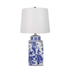 25 in. Blue/White Table Lamp with White Linen Shade