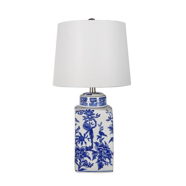 A & B Home 25 in. Blue/White Table Lamp with White Linen Shade