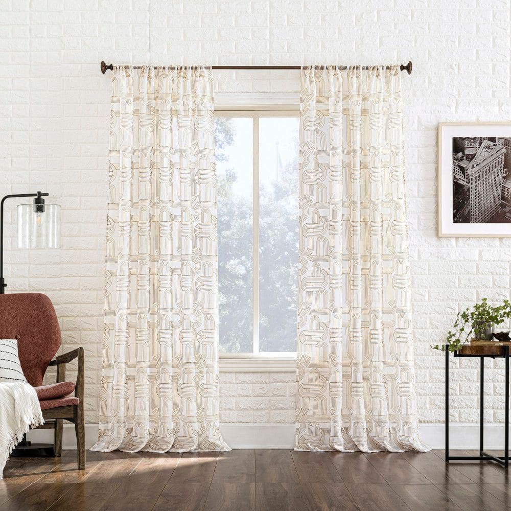Champagne Sheer Embroidered Polyester Rod Pocket Curtain Panel, 50" x 63"