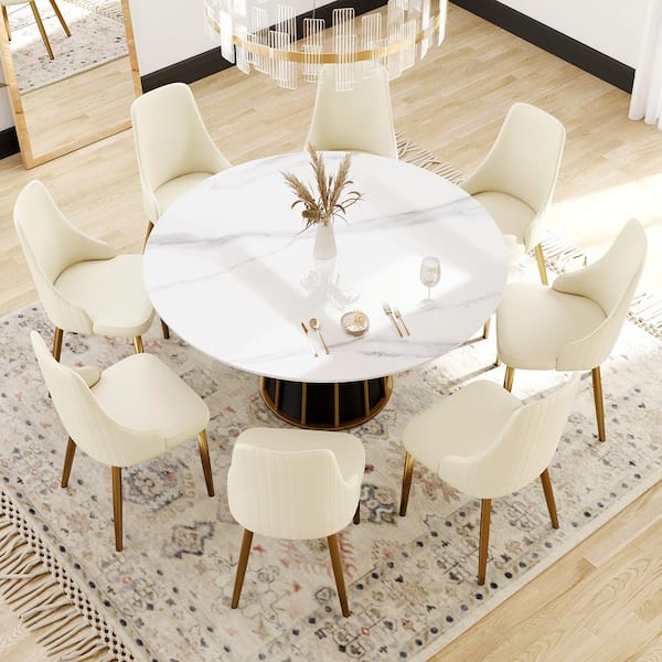 53.15 in. White Sintered Round Stone Tabletop Copper Pedestal Base Kitchen Dining Table (Seats-6)