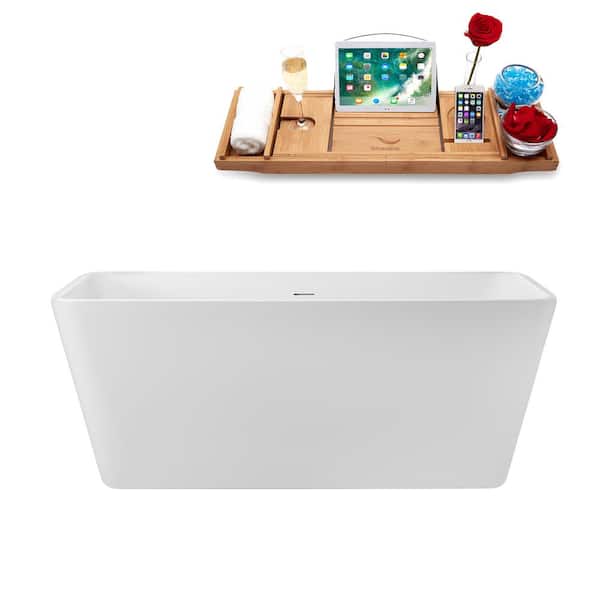 Streamline 59 in. x 30 in. Acrylic Freestanding Soaking Bathtub in Glossy White with Matte Oil Rubbed Bronze Drain, Bamboo Tray