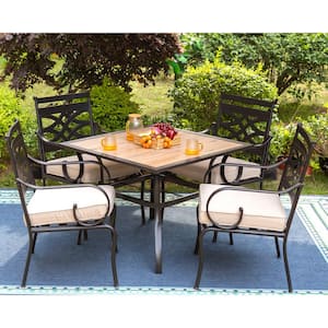 5-Piece Metal Patio Outdoor Dining Set with Square Wood-Look Tabletop and Stationary Chair with Beige Cushions