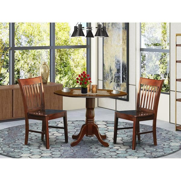 East West Furniture 3-Piece Round Mahogany Finish Solid Wood Top Dining Table with 2-Chairs with Lattice Back