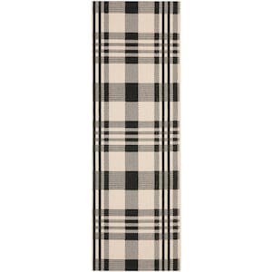 Courtyard Black/Bone 2 ft. x 10 ft. Striped Indoor/Outdoor Patio  Runner Rug