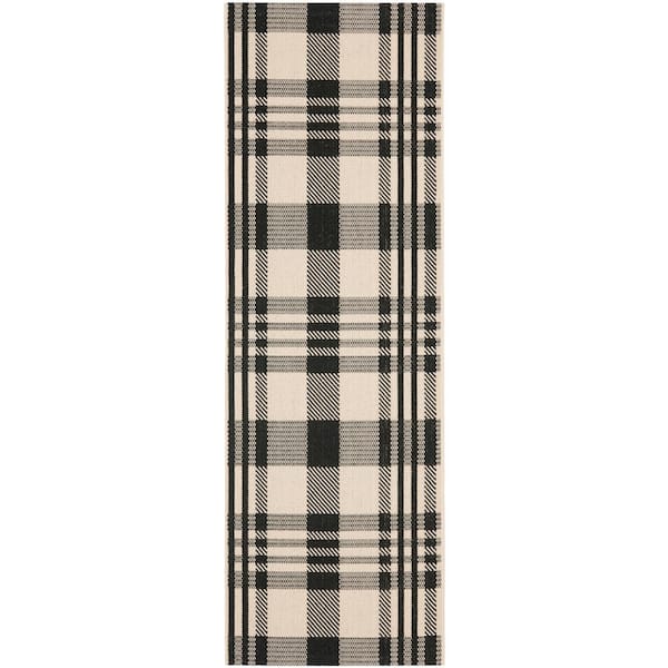 Courtyard Black/Bone 2 ft. x 5 ft. Plaid Indoor/Outdoor Runner Rug