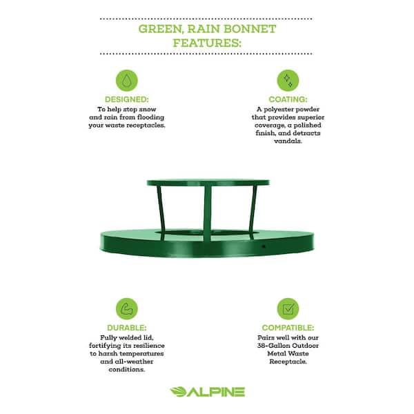 38 Gal. Green Commercial Rain Bonnet Trash Can Lid for Outdoor Metal Waste Receptacles