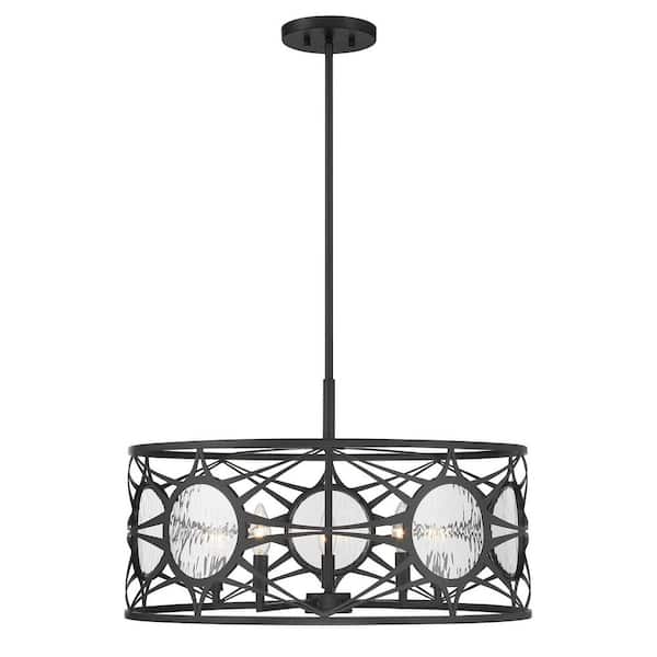 Balfour 24 in. 5-Light Matte Black Transitional Glam Convertible Semi-Flush or Hanging Pendant with Water Glass Panes