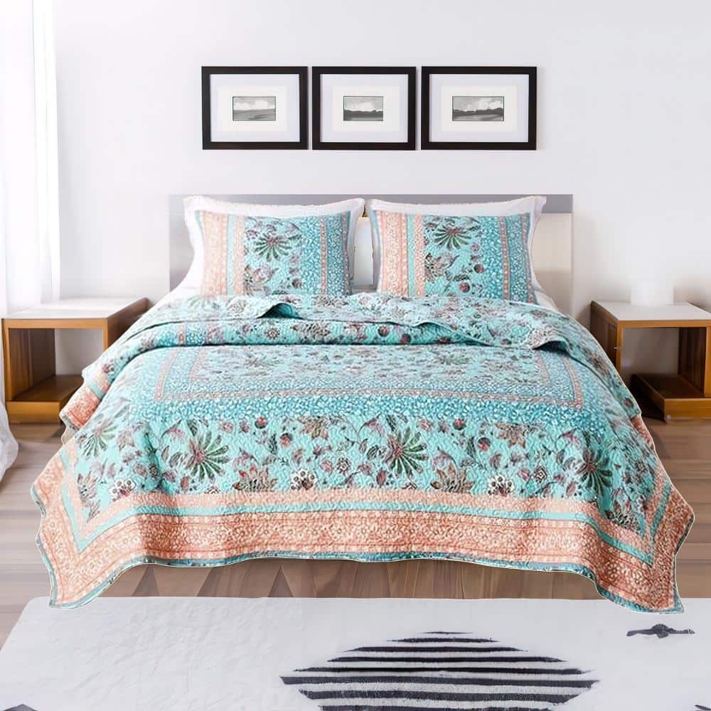 Turquoise and Coral Reversible Full Microfiber Quilt Set