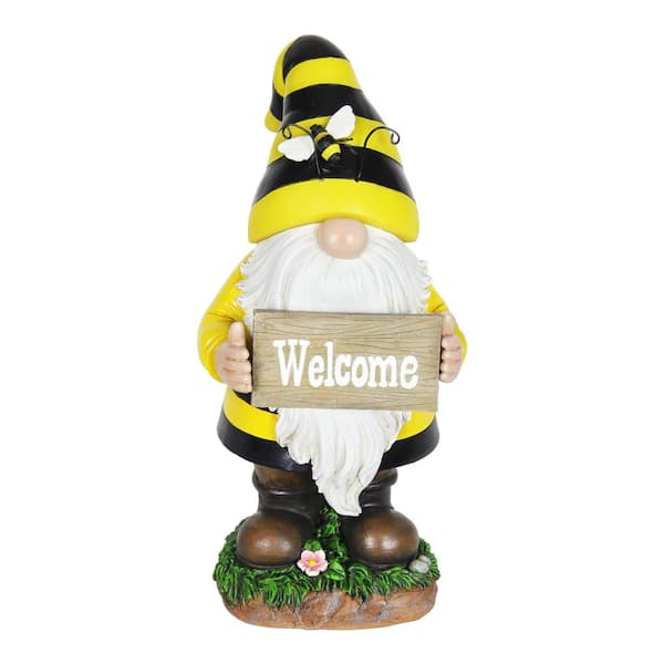Exhart 6 in. x 13 in. Solar Beekeeper with Welcome Sign, Gnome Garden Statue