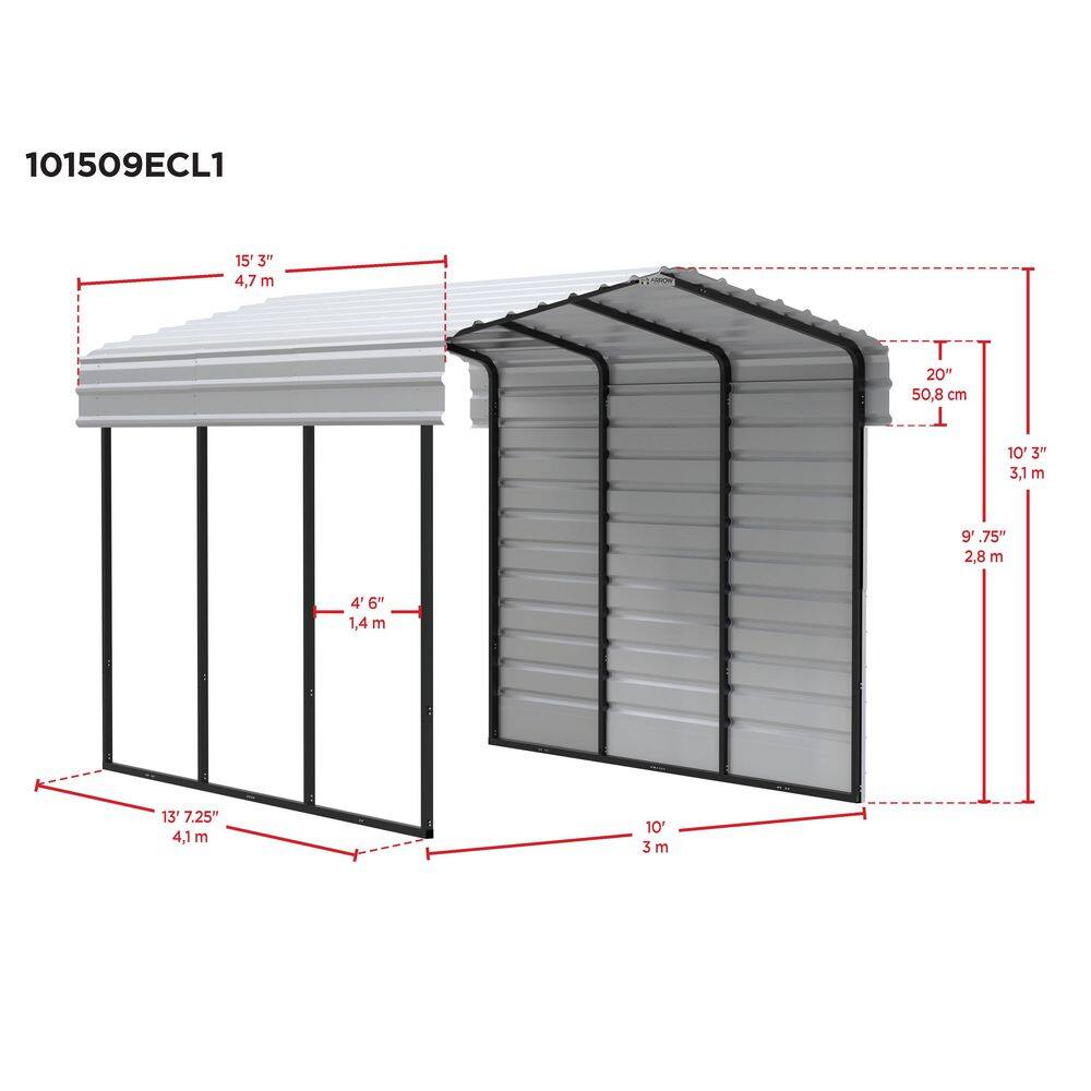 Charcoal Galvanized Steel Carport with 1-Sided Enclosure, 10' x 15' x 9'