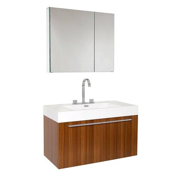 Fresca Vista 36 in. Vanity in Teak with Acrylic Vanity Top in White with White Basin and Mirrored Medicine Cabinet